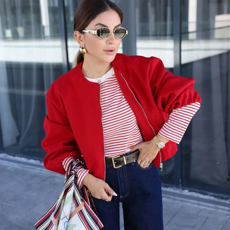 Women's Red Cropped Bomber Jacket